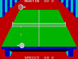 Superstar Indoor Sports (ZX Spectrum) screenshot: Ping-pong - notice the use of shadows to offset attribute problems