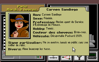 Where in the World is Carmen Sandiego? (Enhanced) (Atari ST) screenshot: Carmen's file...