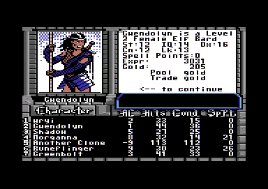 The Bard's Tale III: Thief of Fate (Commodore 64) screenshot: Characters' stats