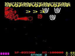 Dragon Breed (ZX Spectrum) screenshot: Huggng the roof of the level