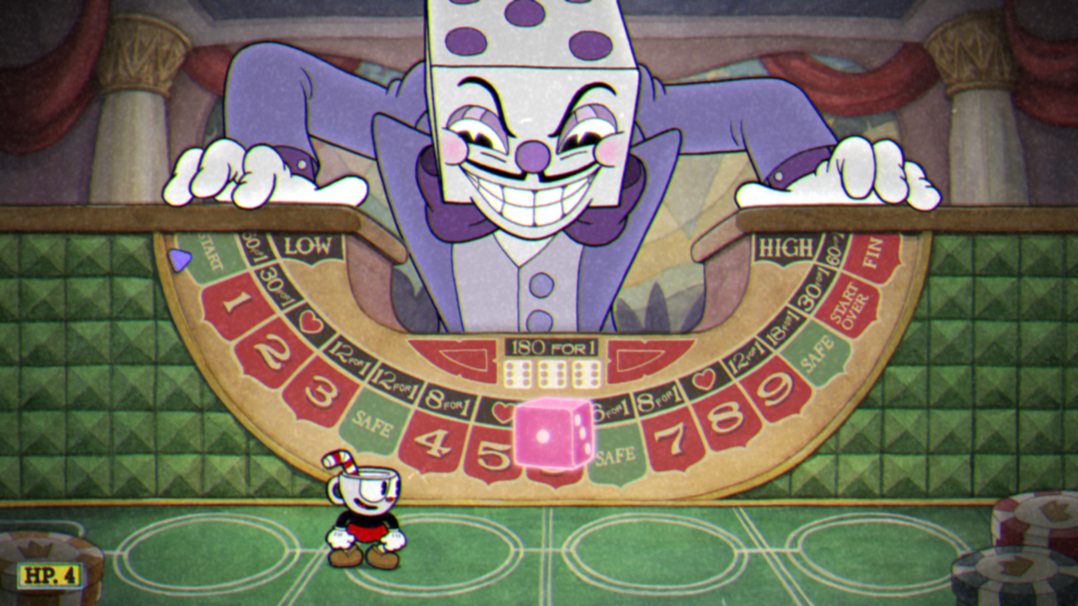 Cuphead (Windows) screenshot: This boss wants to play a dice game - each red space is a different mini-boss