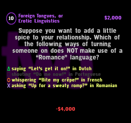 You Don't Know Jack (PlayStation) screenshot: Foreign Tongues, or Erotic Linguistics