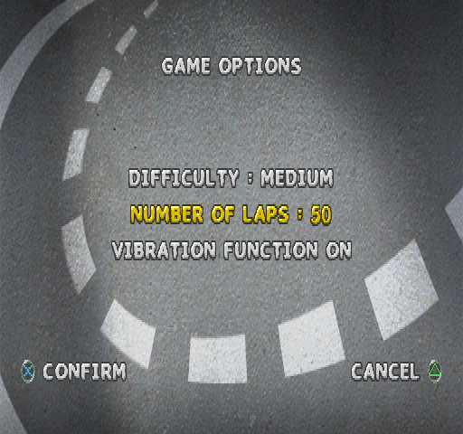 Rascal Racers (PlayStation) screenshot: Game options. 50 laps, no thanks.