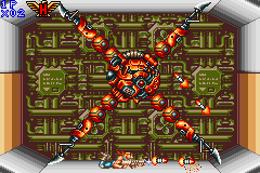 Contra Advance: The Alien Wars EX (Game Boy Advance) screenshot: This android will attack using its stings: crouch to not be died for it and shoot fast!