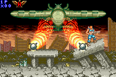 Contra Advance: The Alien Wars EX (Game Boy Advance) screenshot: An enemy airplane spear two missiles and tries to make hard your tough mission.