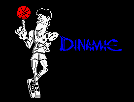 Fernando Martín Basket Master (ZX Spectrum) screenshot: Fernando Martín animation leaned in Dinamic's logo