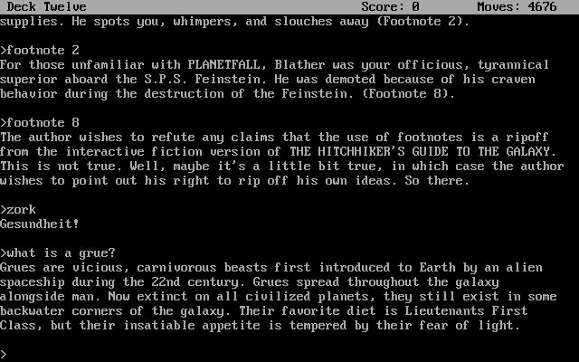 Stationfall (DOS) screenshot: Some examples of the game's humor.