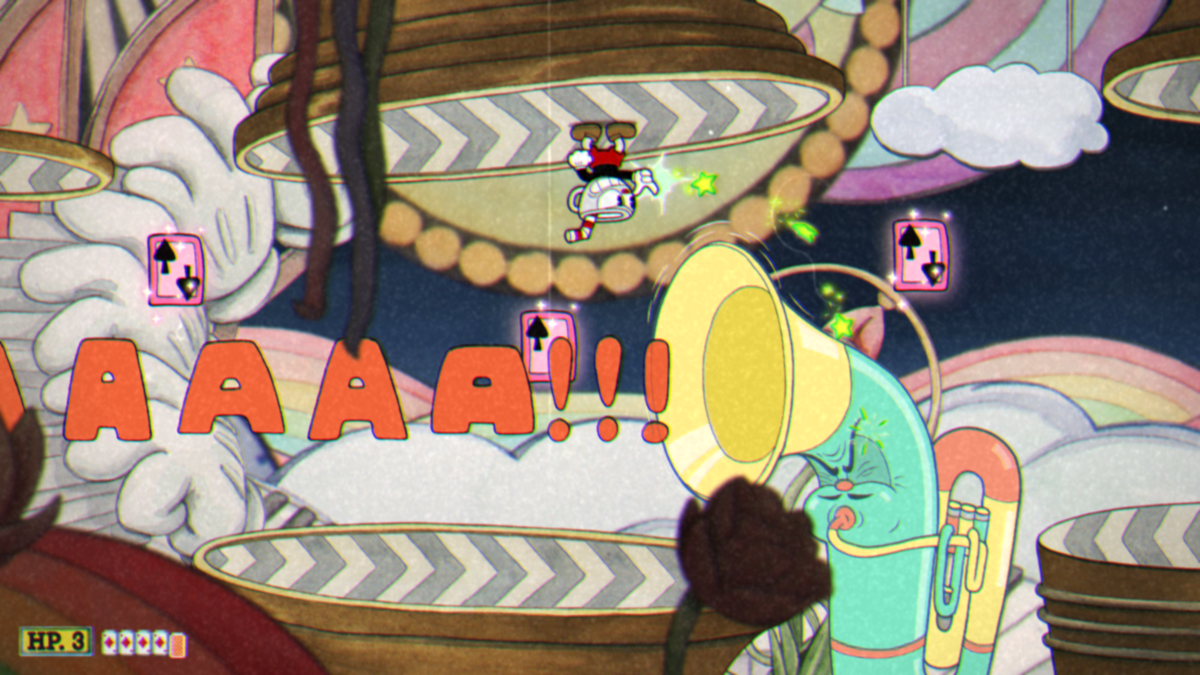 Cuphead (Windows) screenshot: You can stand of the floor or on the ceiling in this run-and-gun level