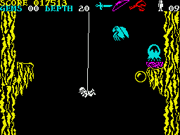Underwurlde (ZX Spectrum) screenshot: Down into the cave, you can use the rope.
