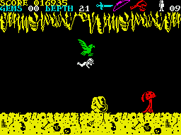 Underwurlde (ZX Spectrum) screenshot: The Eagles also a form of transport. Unfortunately it is not controlled and love to drop you into the abyss.