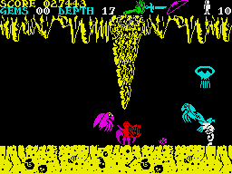 Underwurlde (ZX Spectrum) screenshot: Bosses have a weakness to only one type of weapon, and are immune to others.