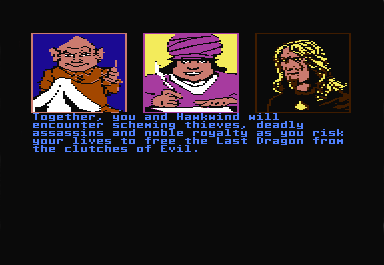 Dragonworld (Commodore 64) screenshot: For those who haven't read the book, there is a nice introduction to set the mood. You begin as a young hero, Amsel of Fandora. You are friend to a dragon, the "Last Dragon."