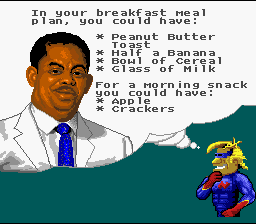 Captain Novolin (SNES) screenshot: Pay attention! If you eat too much, you'll lose a life!