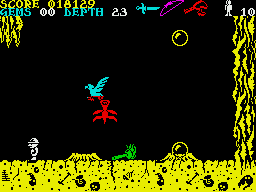 Underwurlde (ZX Spectrum) screenshot: In the game you can find several types of weapons.