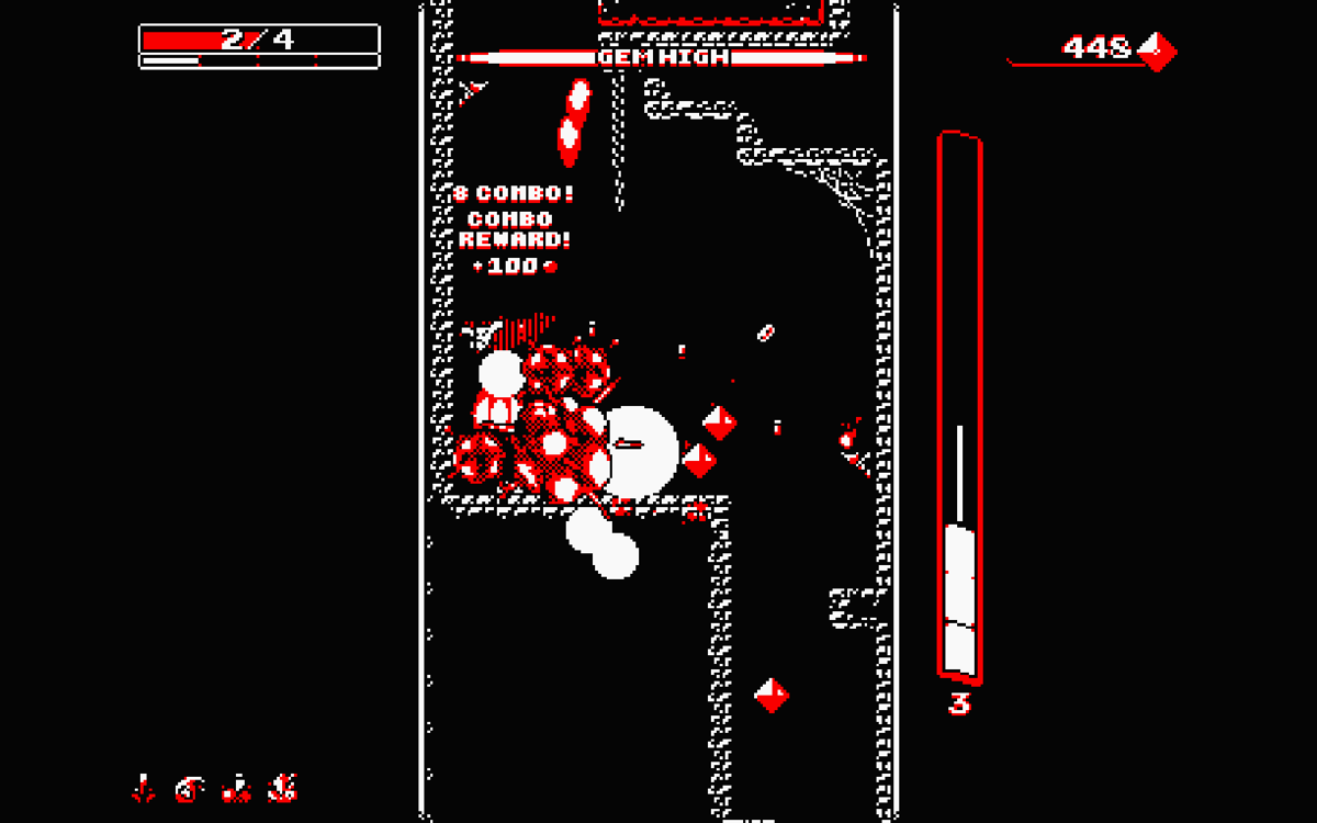 Downwell (Windows) screenshot: Combos are the best way to get a lot of gems.