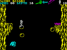 Underwurlde (ZX Spectrum) screenshot: Climb in the caves, you can use the bubbles.