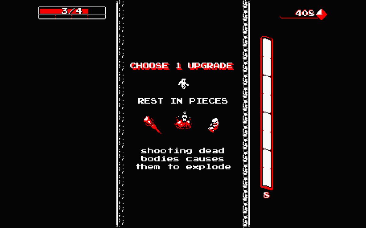 Downwell (Windows) screenshot: After completing a level an upgrade can be chosen.