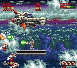 Mega Turrican (Genesis) screenshot: In this stage, you have to jump from one steel girder to the next before they fall down.
