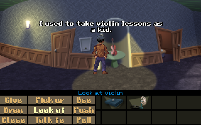Murder in a Wheel (Windows) screenshot: Admiring a violin. You can actually play it in the game.