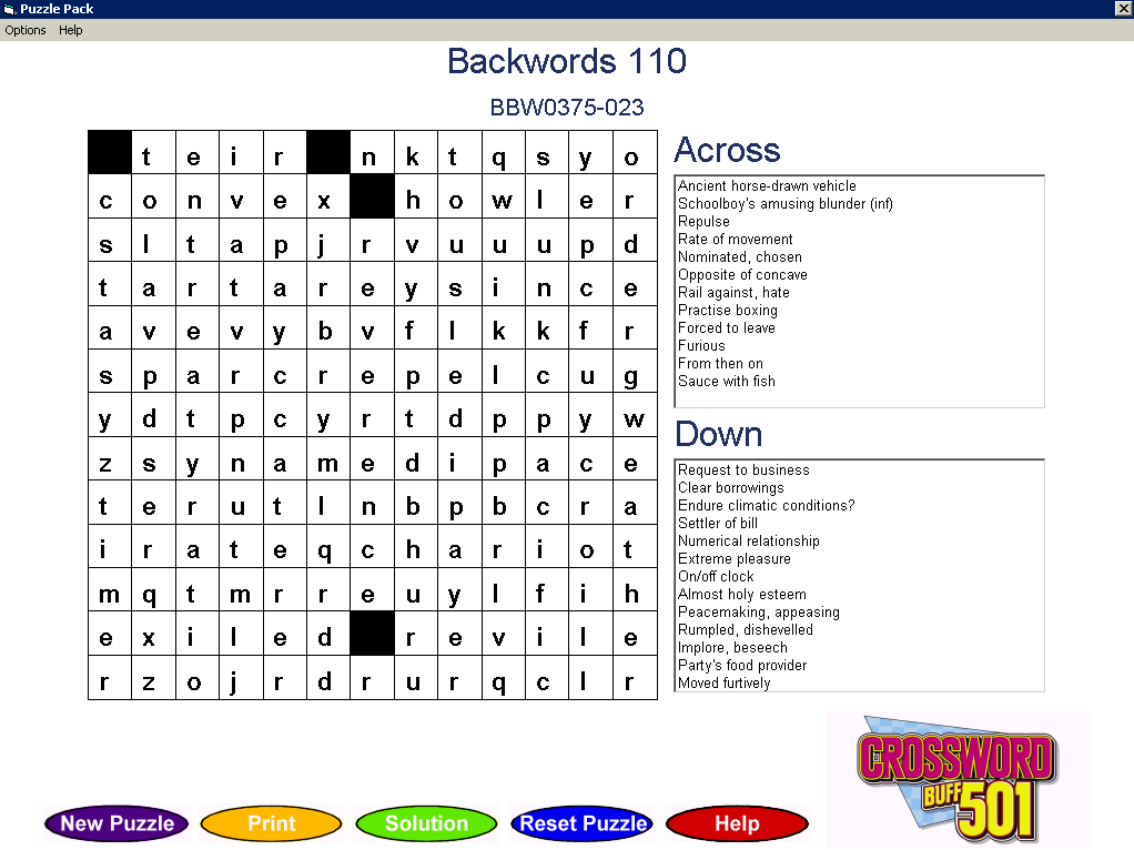 Crossword Buff 501 (Windows) screenshot: An example of the Backwords puzzle<br>Here the black squares have been replaced with random letters and the player must identify which they are