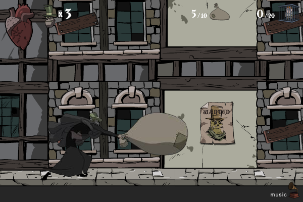 Orphan Feast (Browser) screenshot: When there are more than five orphans in the sack, Tom will use it as a weapon.