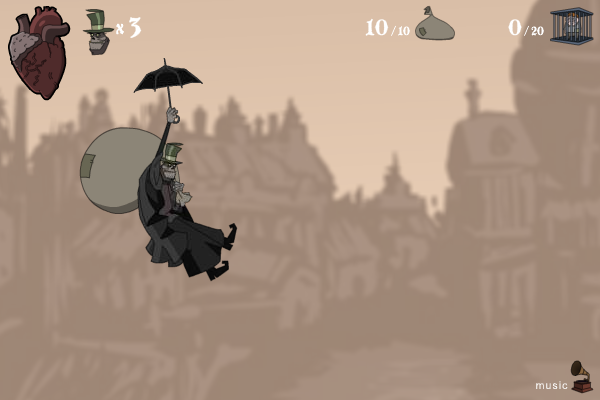 Orphan Feast (Browser) screenshot: Taking orphans to the lair by grabbing a black umbrella.