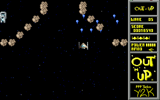 Out 'M' Up (DOS) screenshot: Look out for space rocks!