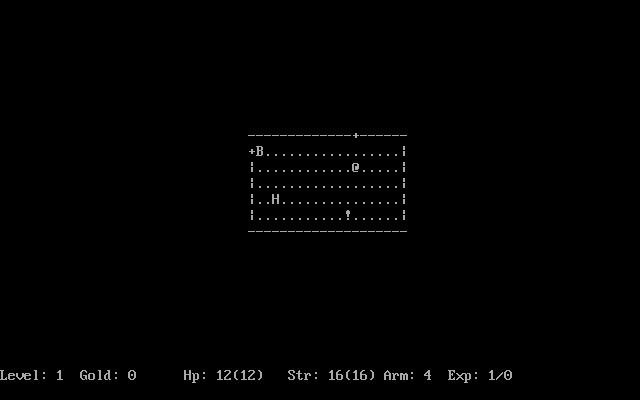Rogue Clone (DOS) screenshot: ... and old-school monochrome pure ASCII, just as in UNIX. (Rogue Clone IV)