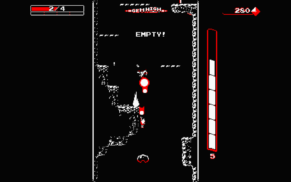 Downwell (Windows) screenshot: Gem High is activated and now the blasts are much more powerful.