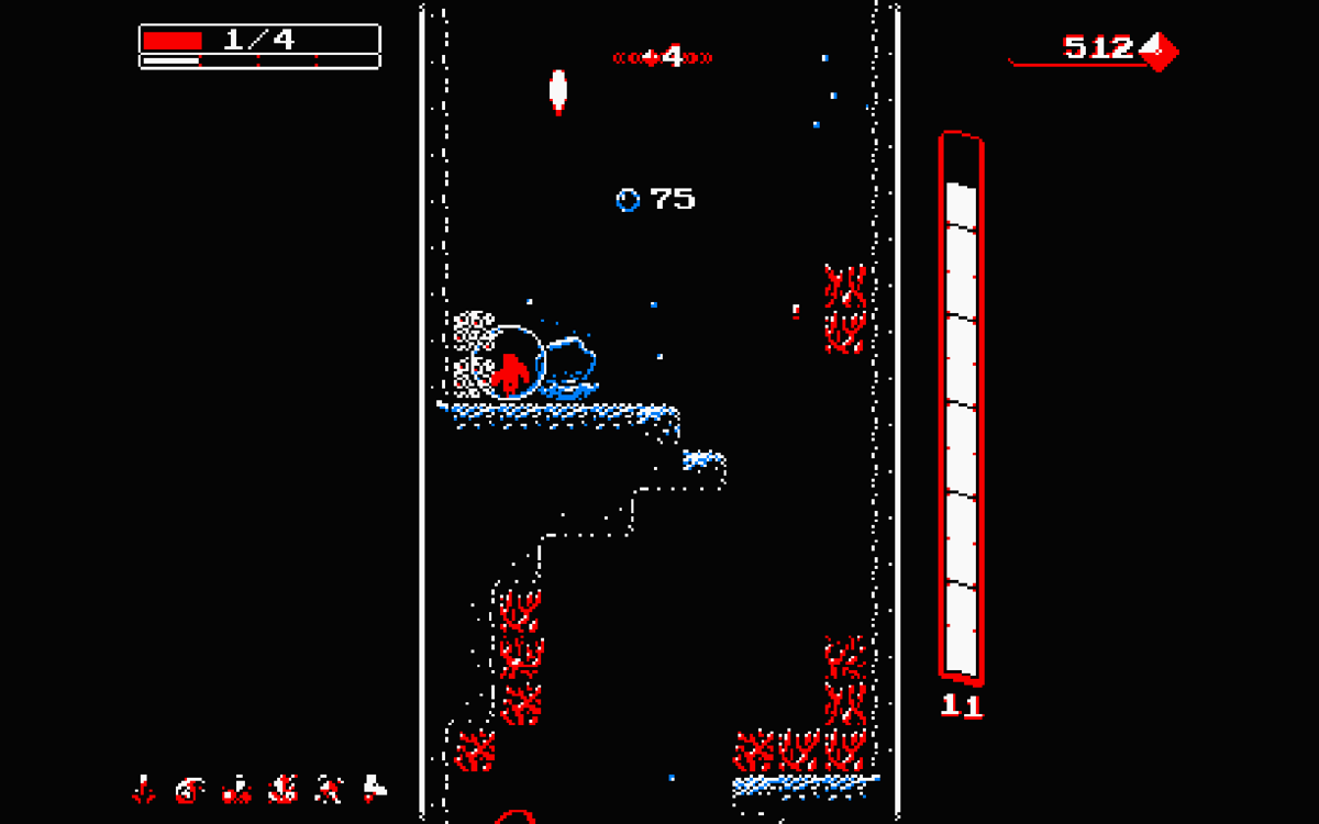 Downwell (Windows) screenshot: The third environment has a timer for air. Find clamps to replenish oxygen.
