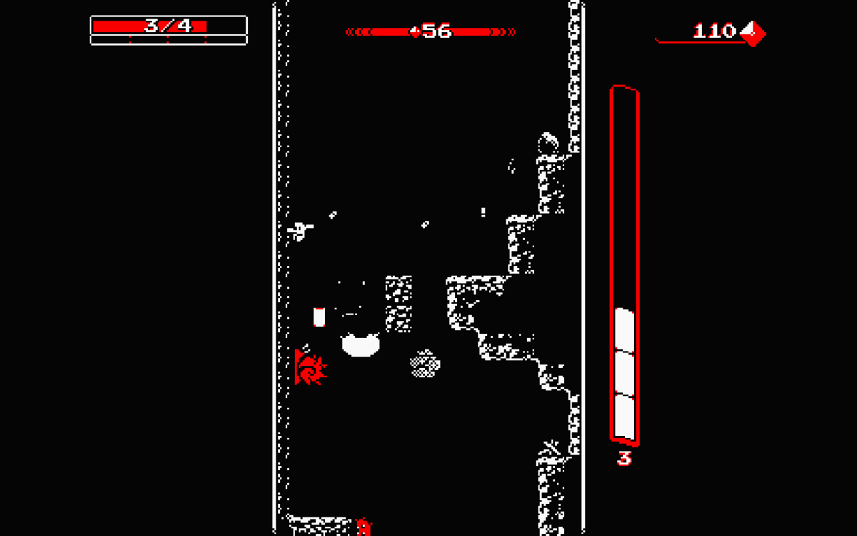 Downwell (Windows) screenshot: The red enemy below can only be taken out with shots; jumping on top of it will damage the boy.