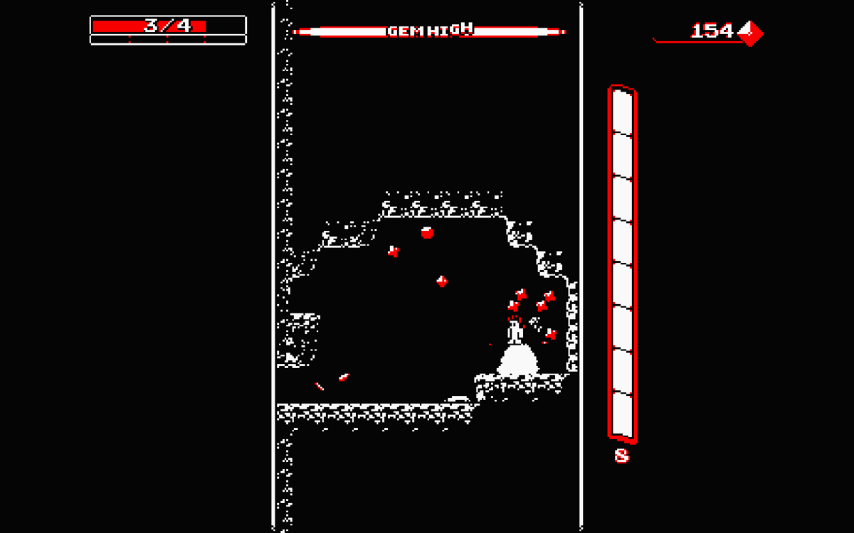 Downwell (Windows) screenshot: A cave with lots of gems
