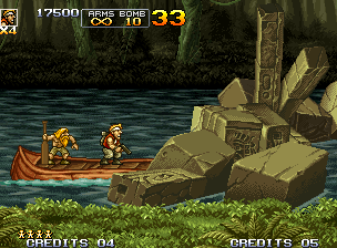 Metal Slug 5 (Neo Geo) screenshot: The temple passage is locked due a big amount of blocks: the only way to continue is shoot 'em all!