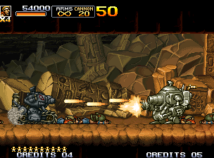 Metal Slug 5 (Neo Geo) screenshot: Engaged in the new Slug Gunner, Marco must use all ammo possible to defeat a very mysterious tank...