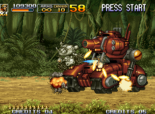Metal Slug 5 (Neo Geo) screenshot: A giant red tank will use flame and multiple gun turret shots to impede that you clear Mission 1!