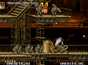 Metal Slug 5 (Neo Geo) screenshot: Another enemy formation was composed, but now Tarma doesn't get to avoid that the worst happens...