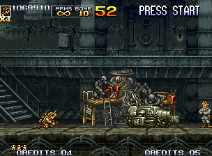 Metal Slug 5 (Neo Geo) screenshot: Eri approaches until some soldiers that are repairing a Slug Gunner (a Lt. inspects the works).