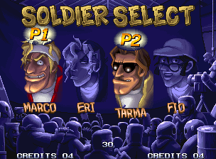 Metal Slug 5 (Neo Geo) screenshot: In a theather background, four classic soldiers are available for your free choice...