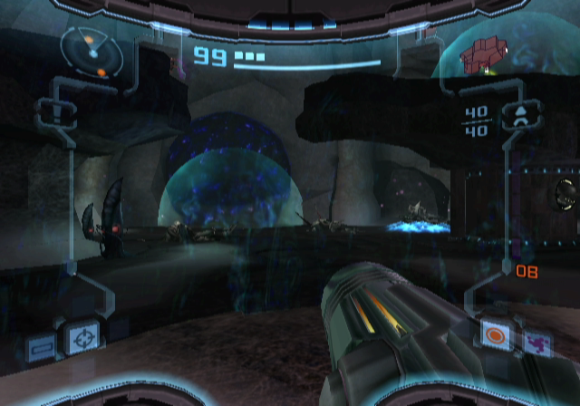 Metroid Prime 2: Echoes (GameCube) screenshot: When exploring Dark Aether, stay in the light or your energy rapidly depletes