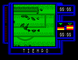 Michel Futbol Master + Super Skills (ZX Spectrum) screenshot: A tackle, a fall into the area, a shoot out... but well, time finished