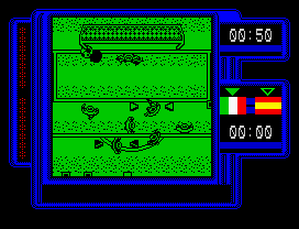 Michel Futbol Master + Super Skills (ZX Spectrum) screenshot: Ball to the post!