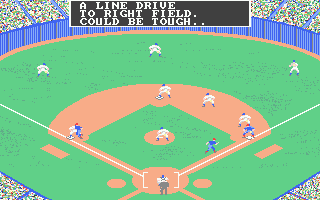 MicroLeague Baseball (Atari ST) screenshot: The fielders have work to do
