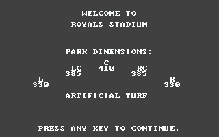 MicroLeague Baseball (Atari ST) screenshot: Each stadium has its own traits