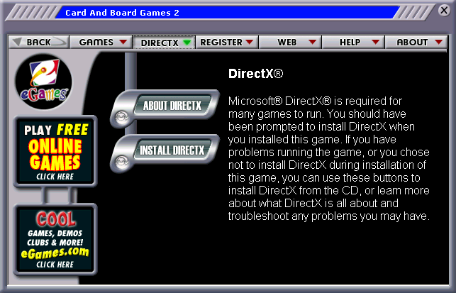 Card & Board Games 2 (Windows) screenshot: DirectX is needed to run these games and the game browser