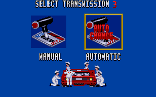 Turbo Out Run (Atari ST) screenshot: Manual or automatic? The pit crew will make the necessary adjustment
