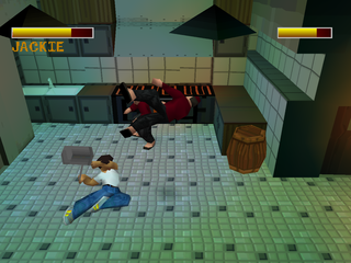 Jackie Chan Stuntmaster (PlayStation) screenshot: Hitting the kitchen enemies with a cooking pot.