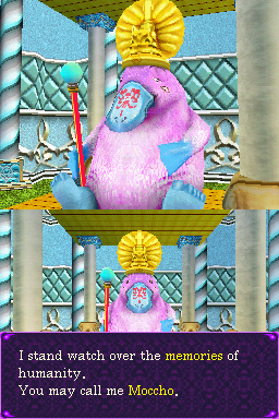 Deep Labyrinth (Nintendo DS) screenshot: It's Moccho the Platypus. He's in charge of saving your progress, and cracking of really, really lame jokes.