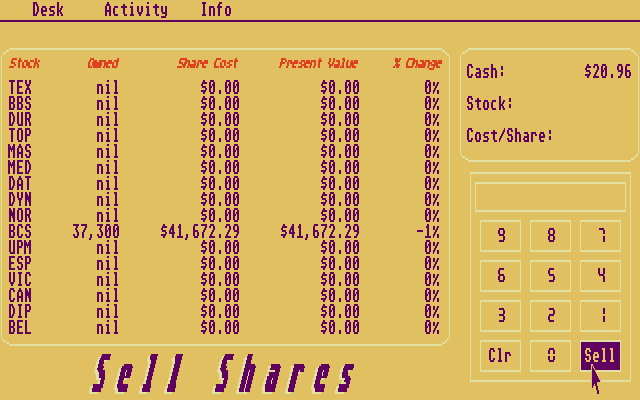 Wall Street (Atari ST) screenshot: Selling shares