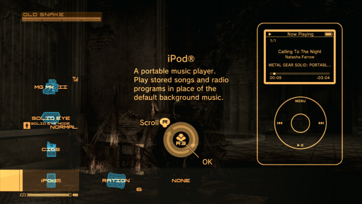 Metal Gear Solid 4: Guns of the Patriots (PlayStation 3) screenshot: You can listen to music using in-game iPod. You need to find songs in the game first