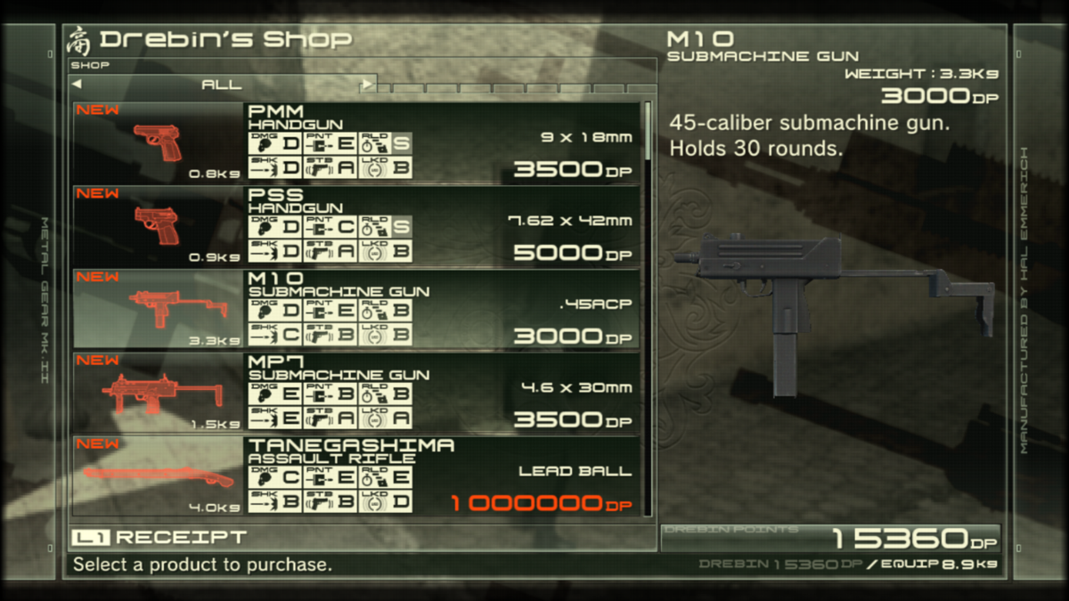 Metal Gear Solid 4: Guns of the Patriots (PlayStation 3) screenshot: Drebin's assortment of guns
